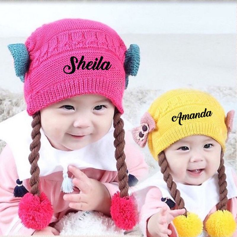 topi kepang bordir nama bayi / topi rajut bordir nama / topi bordir nama