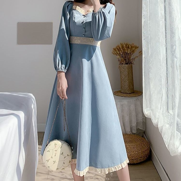 Long Dress Wanita Lengan Panjang Model Retro V-Neck A-Line Untuk Musim Semi / Gugur