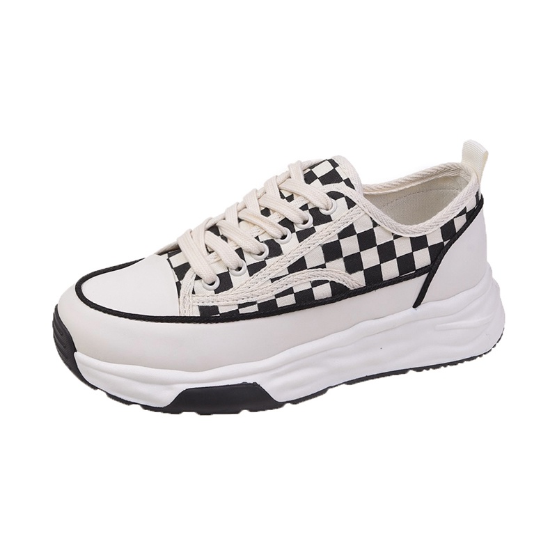 Sepatu Kets Sneakers Putih Wanita Perempuan Cewek Sekolah Korea Kasual Sepatu Olahraga Kanvas Checkerboard Sol Karet Tali Import Murah Casual Fashion White Beige Sport Shoes - Ukuran 35 36 37 38 39 40-Kotak