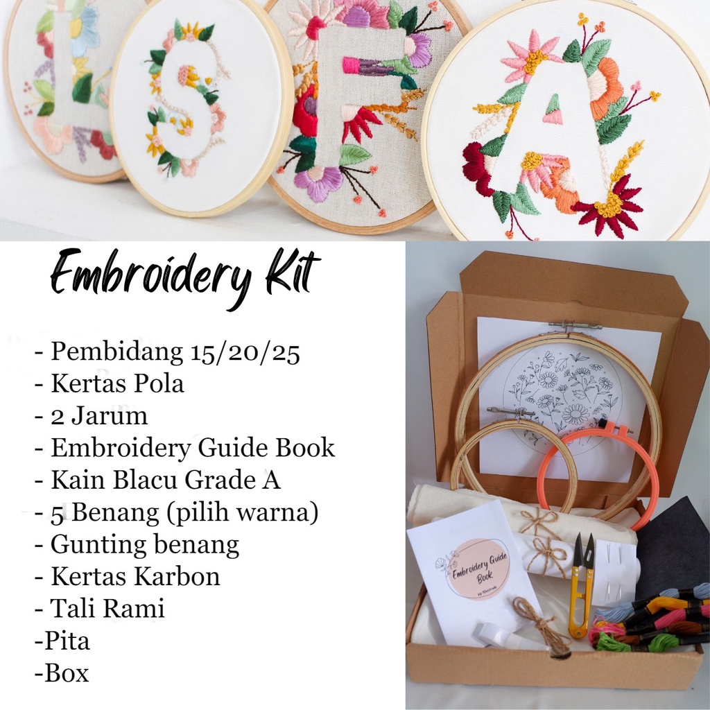 Embroidery Kit Package Alphabet Flower/Paket Sulam Untuk Pemula/Paket Sulam Tangan/Menyulam Kit/Deco