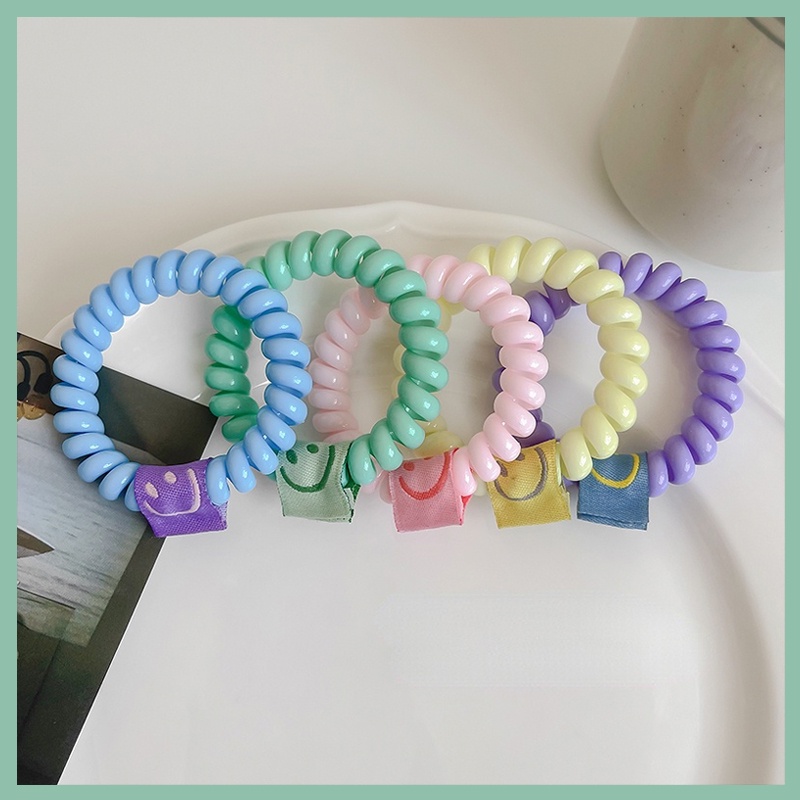2022 Ikat Rambut Model Kabel Telepon Motif Smiley Face Warna Permen Gaya Korea Untuk Wanita