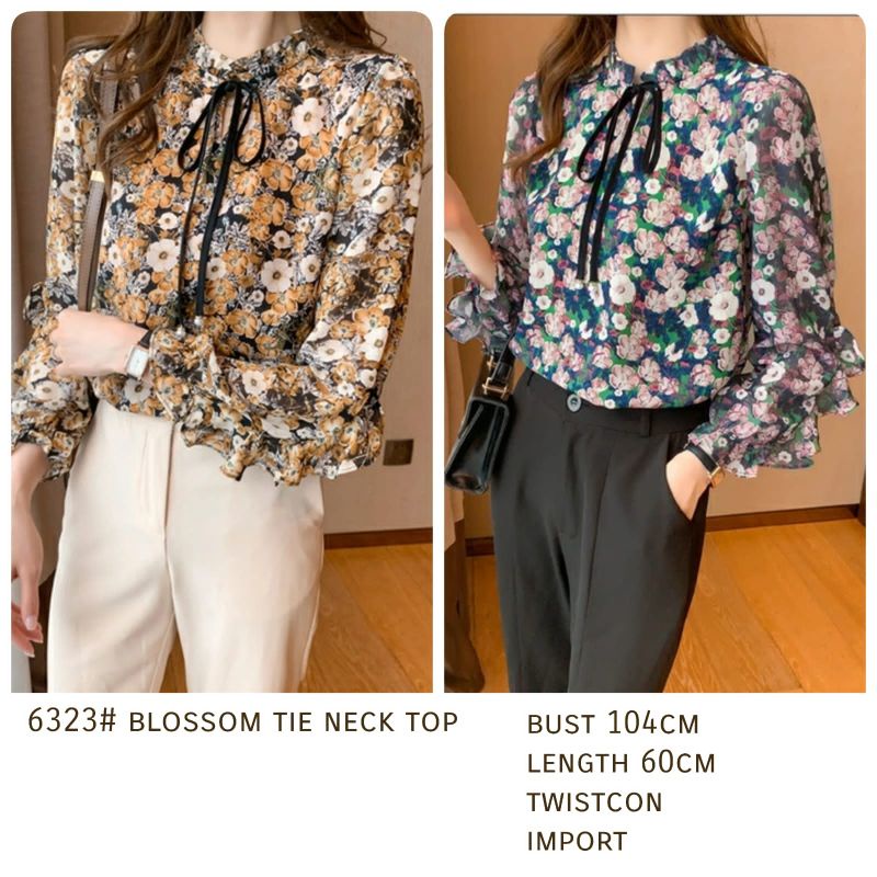 MDLV ~ 6323# Blossom Tie Neck Top Atasan Blouse Flower Baju Korea Fashion import