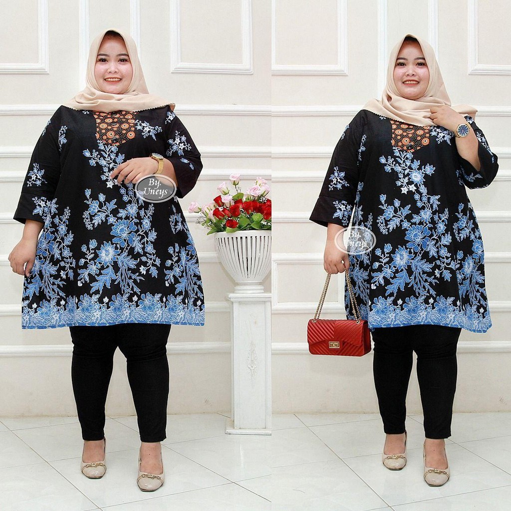 Tunik Batik Wanita Ukuran Jumbo LD 140cm Resleting Belakang Bahan Katun Adem Di Pakai Serap Keringat