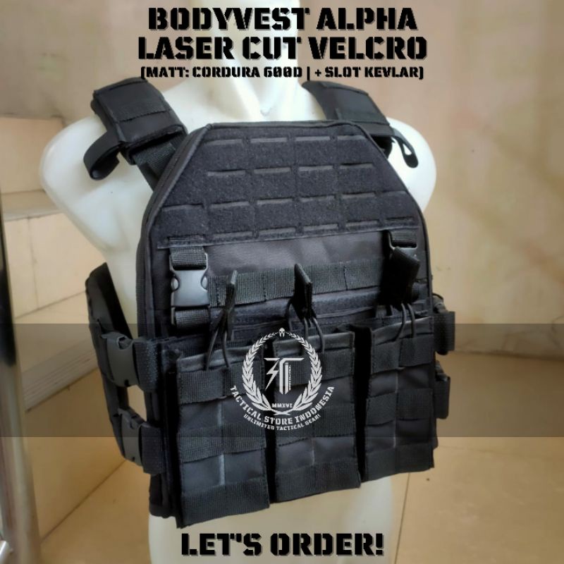 Body Vest Laser Cut Velcro - Black Vers - Bodyvest Rompi TNI Polisi Brimob Raider Alpha Version - Rompi Tactical Anti Peluru