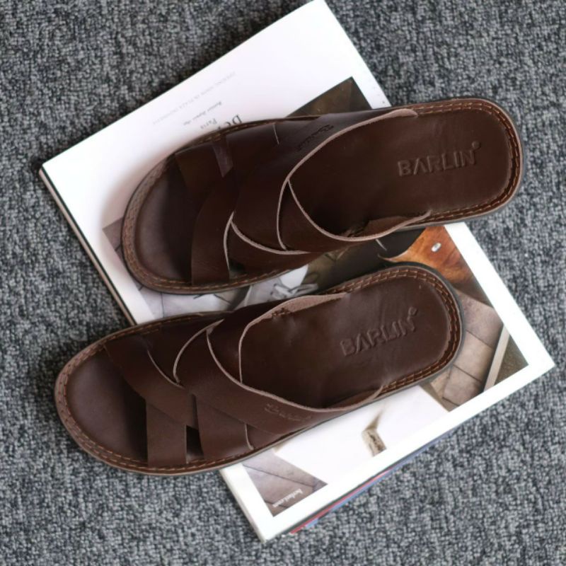 BRLN 004 Brown Sandal Pria Casual Kulit Asli Sendal Slide Sndal Selop Santai Klasik Murah