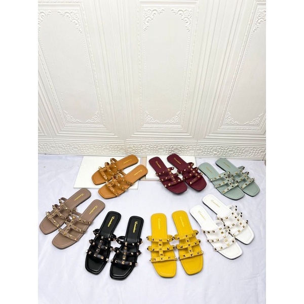 sendal flat stud wanita terbaru kekinian pesta LOUISDEAR flat shoes bahan kulit dove S158