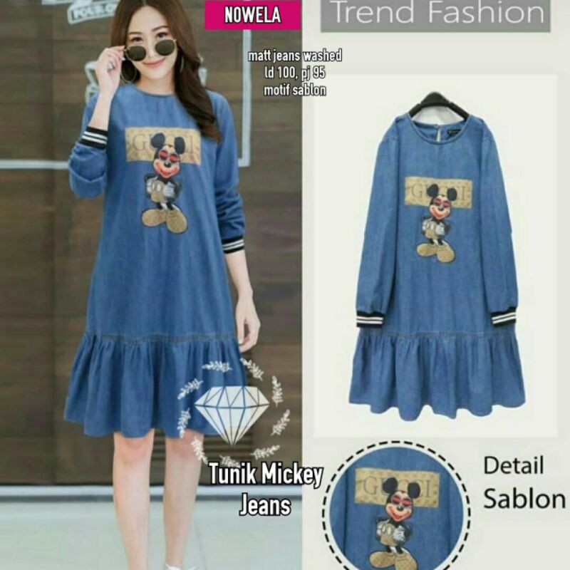 Tunic Mickey Jeans // Baju Atasan Wanita Tunik Bergambar Mickey Mouse