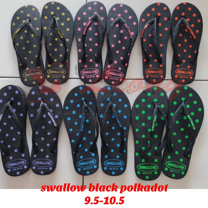 Sandal jepit wanita merk swallow black polkadot size 9,5-10,5