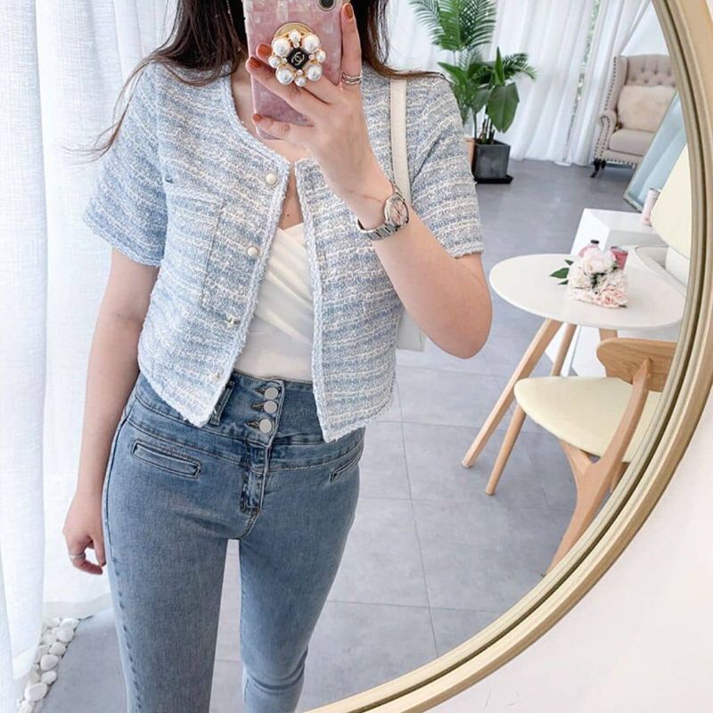 QUEEN SAKURA - Q3565B - YESSY TWEED PREMIUM CROP BLAZER IMPORT - CROP BLAZER TWEED CASUAL KOREA WANI