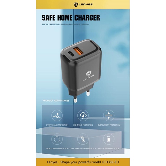 LENYES LCH356EU 2.4A USB + Type C Adaptor Charger Hp + Kabel Casan Handphone Android Ios Original-5
