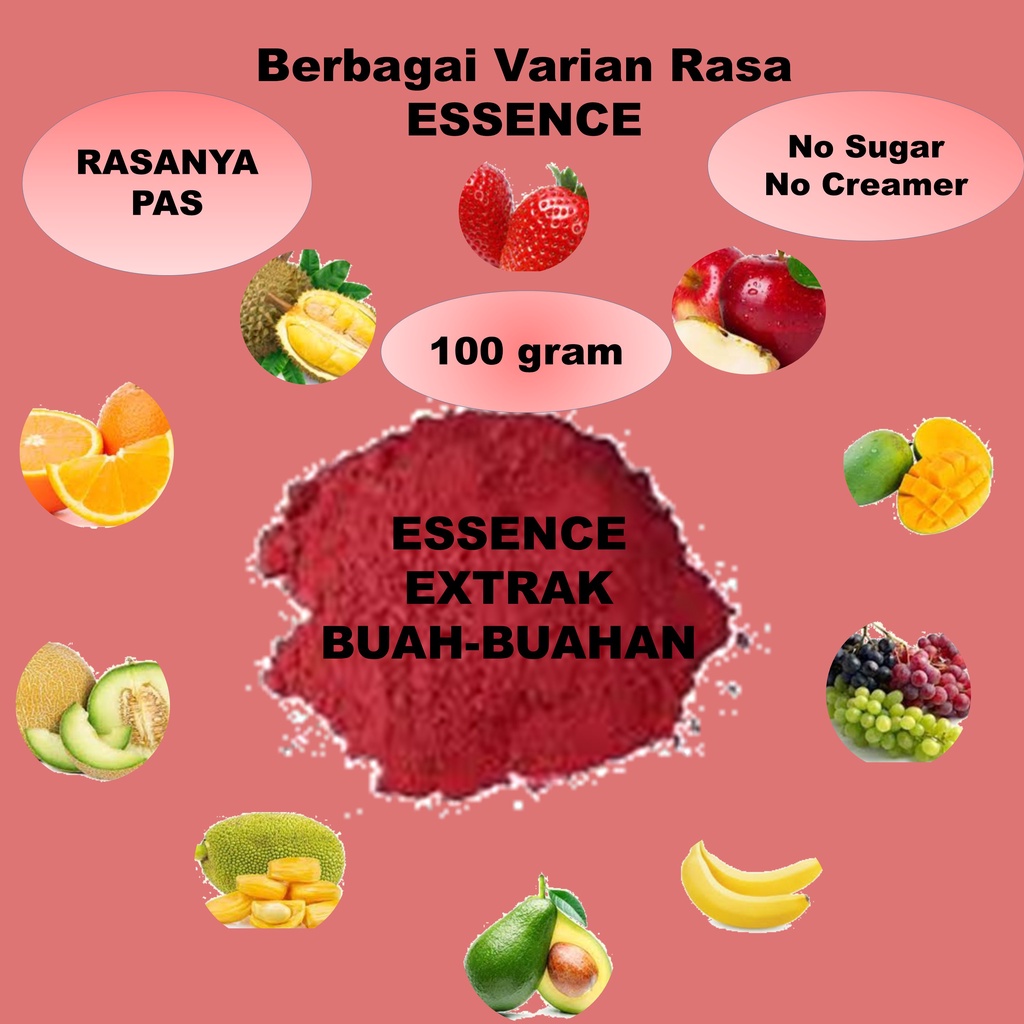 

Bubuk Essen buah-buahan Nikmat Halal 100 gr | Bubuk Essence Rasa Nangka | Bubuk Essen Jeruk | Bubuk Essence Rasa Mangga | Bubuk Rasa Strawberry Essence | Bubuk Durian Premium Essen Topping Minuman Kekinian | Bubuk Essen Rasa Melon Berkwallitas Premium