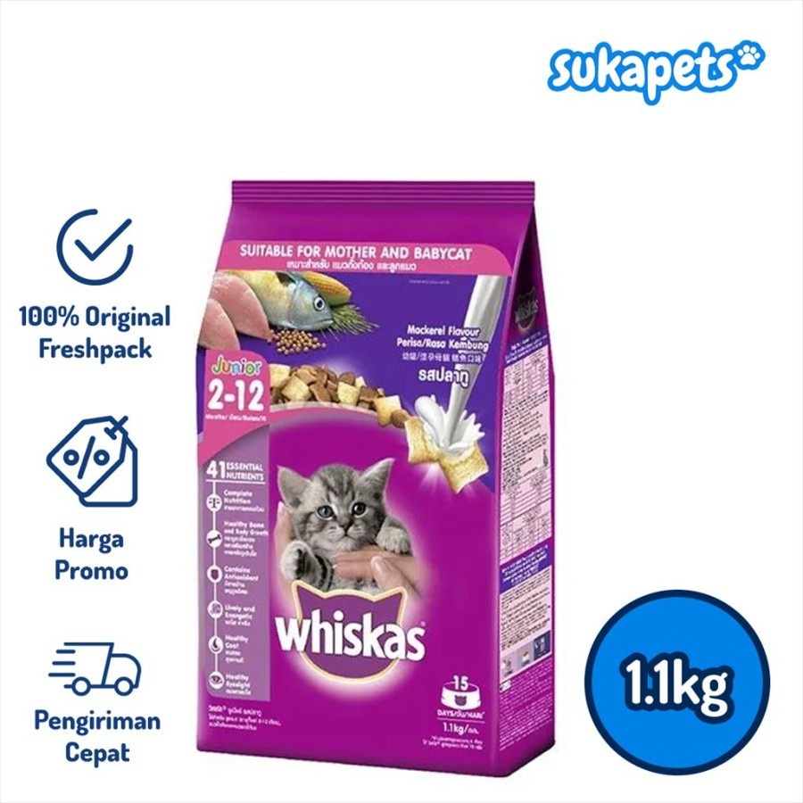 Whiskas Kitten Junior Mackerel Dry Food Makanan Kucing Kering 1.1kg