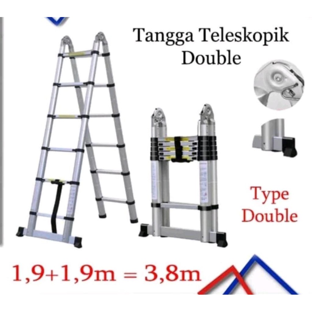 TANGGA PENCET TOMBOL DOUBLE 3.8M  MURAHH/ TANGGA ALUMUNIUM TELESKOPIK 1.9 + 1.9M/angga Lipat Aluminium Double Telescopic Ladder 1.9+1.9 = 3.8