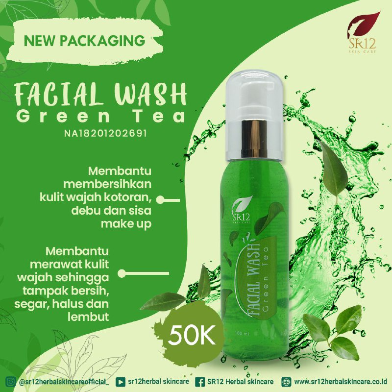 FACIAL WASH GREENTEA SR12 BPOM / MENCERAHKAN WAJAH / SABUN KULIT BERMINYAK BERJERAWAT SENSITIF / saudagarsr12