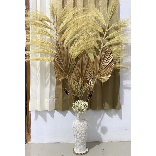 PAKET HEMAT DAUN PALEM KERING DAN POT/DAUN PALEM KERING/BUNGA KERING/DRIED FLOWE/DEKORASI RUSTIC
