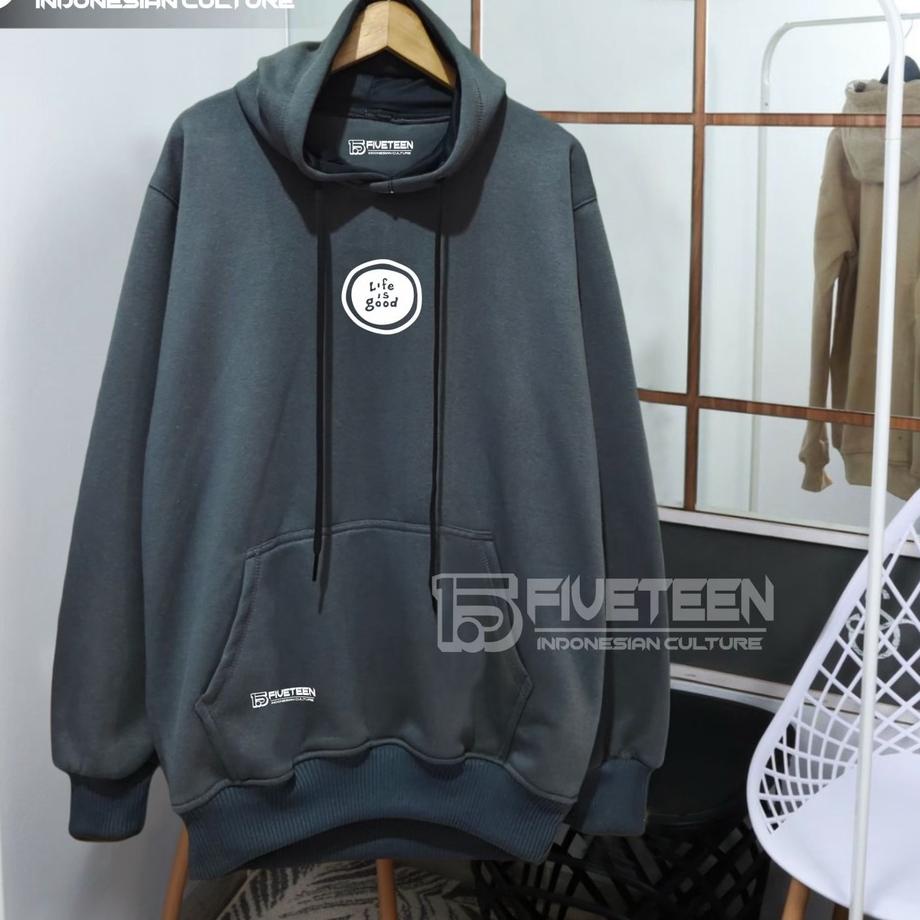 jaket distro original brand 15fifteen15 warna abu paralon list sablon life is good hoodie cowok dist