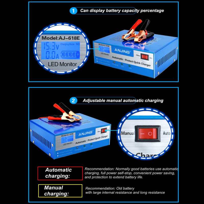 Charger Aki Accu Mobil dan Motor Tenaga LIstrik 5 Mode Automatic Repair 130W 12V/24V 200AH + LCD