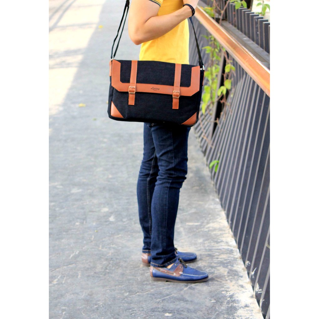 Alfons Black | Tas Denim Selempang Pria Ori Messenger Kerja Bag Wanita Slingbag | FORIND x Lomberg