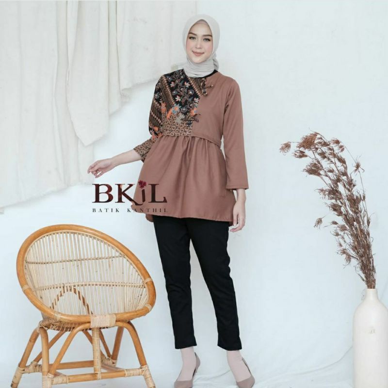 Batik wanita ASJ SA HRB026 Kenongo Kemeja Tosca Pendek-Isabel daun coksu