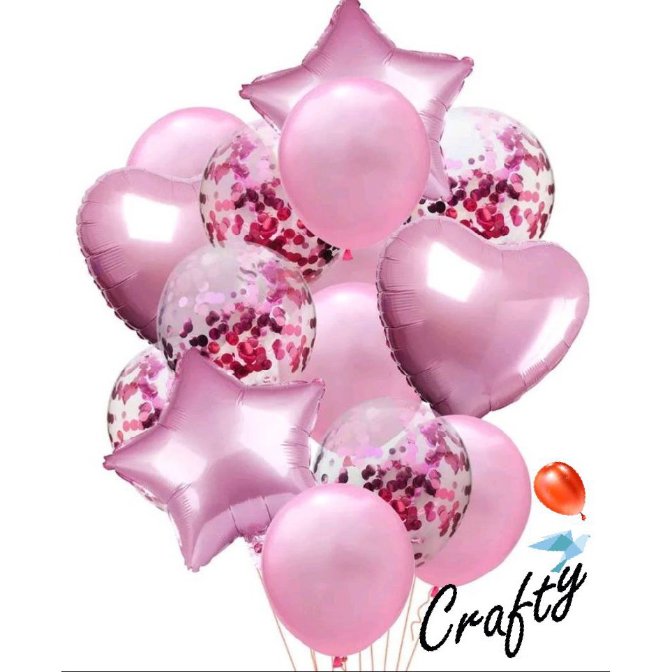 [MINI SET] Balon Paket BINTANG HATI CONFETTI PINK Dekorasi Backdrop