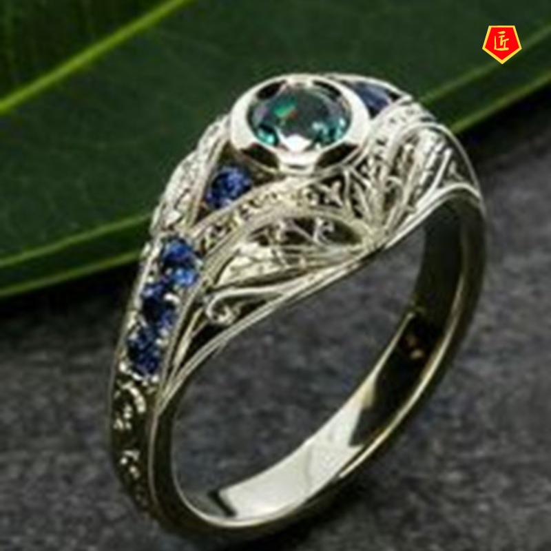 [Ready Stock]925 Silver Inlaid Sapphire Ring Retro Personality