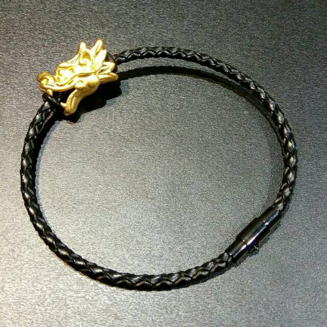LunaEstella - Gelang Tangan Tali Hitam Kepala Naga Hongkong 24K (Gelang Emas Asli)