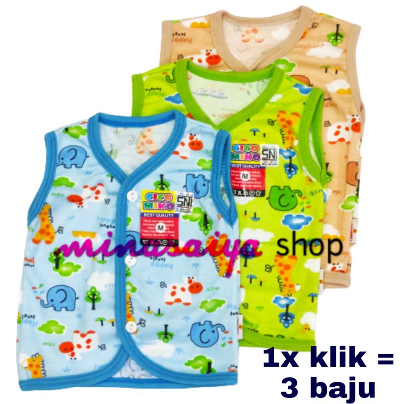 CICO MIKO 3 pcs dan ecer Baju Kutung Bayi / Baju Bayi SNI Lengan Buntung Kancing Depan Motif Uk. M - L