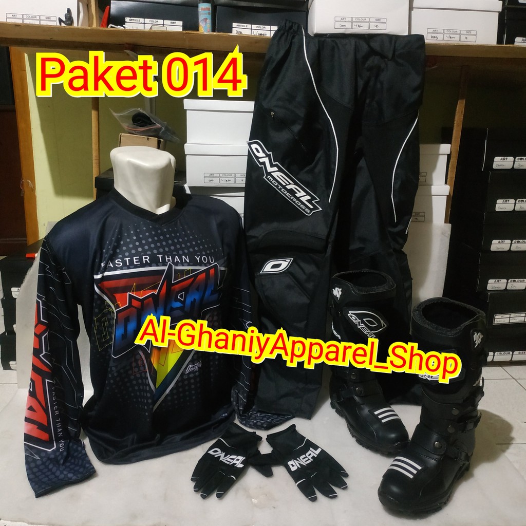 sepatu cross trail satu sett perlengkapan offroad jersey BISA PAKAI NAMA &amp; NOMOR sett celana sarung tangan glove bots trabas adventure