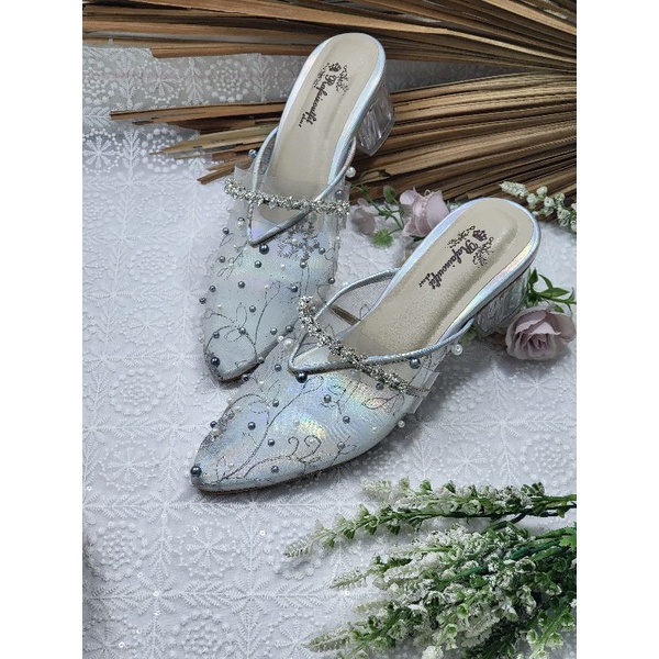 sepatu alwa silver mutiara tinggi 5cm kaca