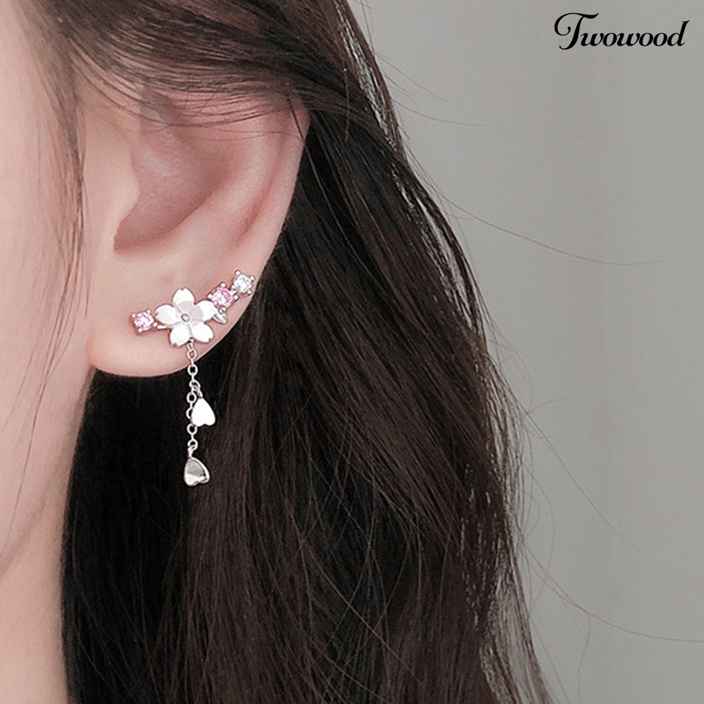 1 Pasang Anting Hook Berlian Imitasi Bentuk Hati Cherry Blossom Bahan Alloy Untuk Liburan
