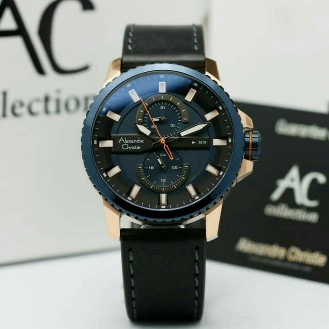 JAM TANGAN PRIA / COWOK ALEXANDRE CHRISTIE ROSE GOLD BLUE TALI KULIT BLACK ORI - HITAM BIRU AC 6507