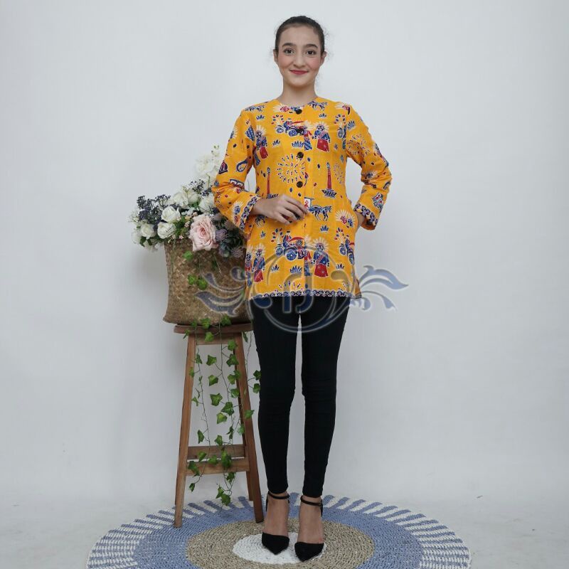 Ready terbaru atasan blouse batik wanita ondel-ondel//atasan batik betawi//baju batik wanita ondel-ondel//batik ondel2 terbaru//blouse batik