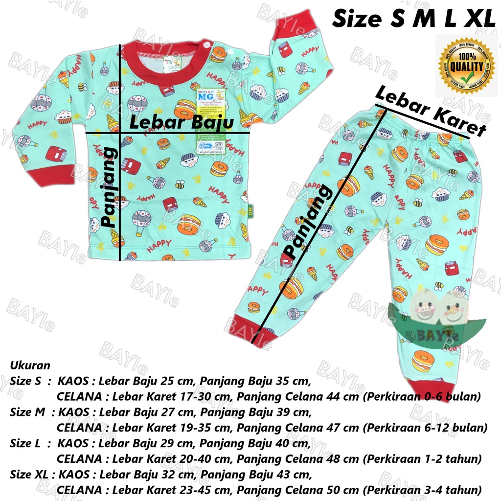 BAYIe - 3 SET Setelan PANJANG Anak/Bayi FULL PRINT Motif CAKE STL-P01 MOM'S GIFT SNI Bahan 100% Katun DK PREMIUM Size S - XL