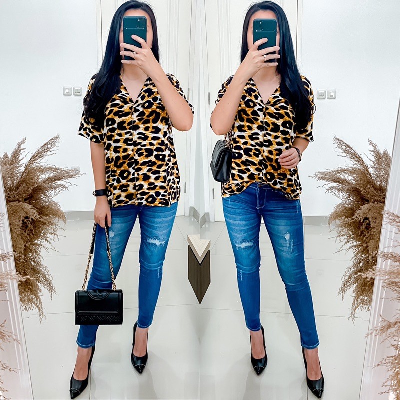 Double Lucky / Kemeja Rayon Pendek / Kemeja Wanita Rayon / Baju Atasan Wanita / Corak-4