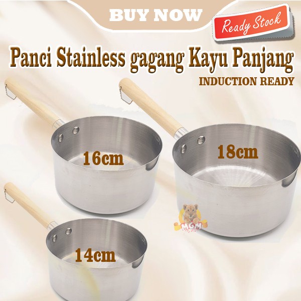 Panci stainless 14cm gagang KAYU panjang Induksi READY Gayung 1L