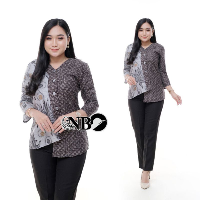 tey-17 Batik wanita ASJ SA HRB026 Kenongo Kemeja Tosca Pendek-Truntum alam abu