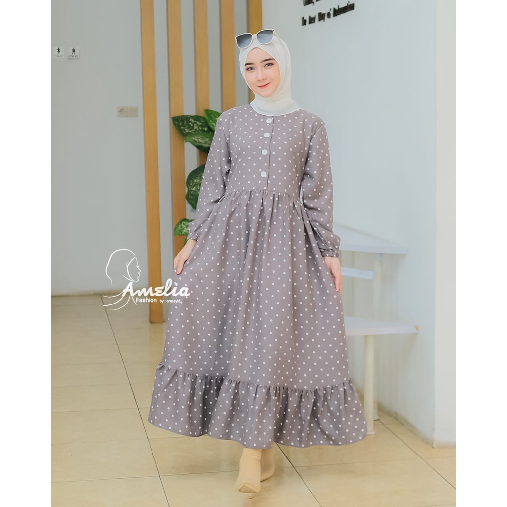 Midi Dress ori Amelia motif polka dan kotak square model cantik fashionable