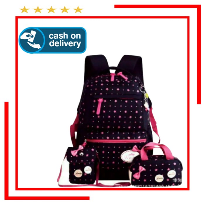 Tas Sekolah Anak Perempuan/Sd -Smp -Sma Backpack Ransel Wanita Cewek Set 3 In 1 Bintang Tabur