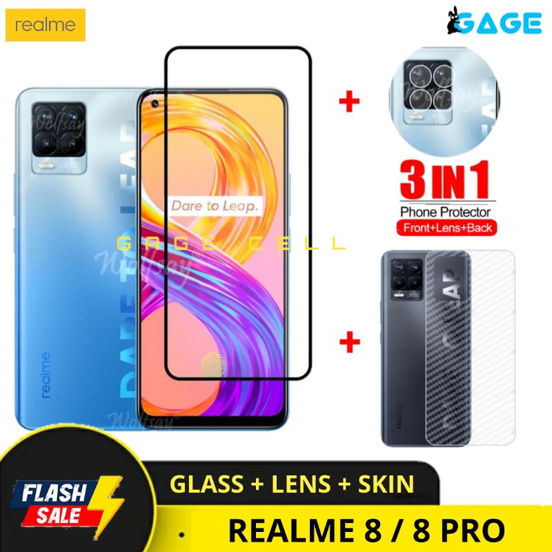 3IN1 TEMPERED GLASS LAYAR KAMERA SKIN CARBON REALME 8 / 8 PRO TG ANTI GORES FULL SCREEN PROTECTOR