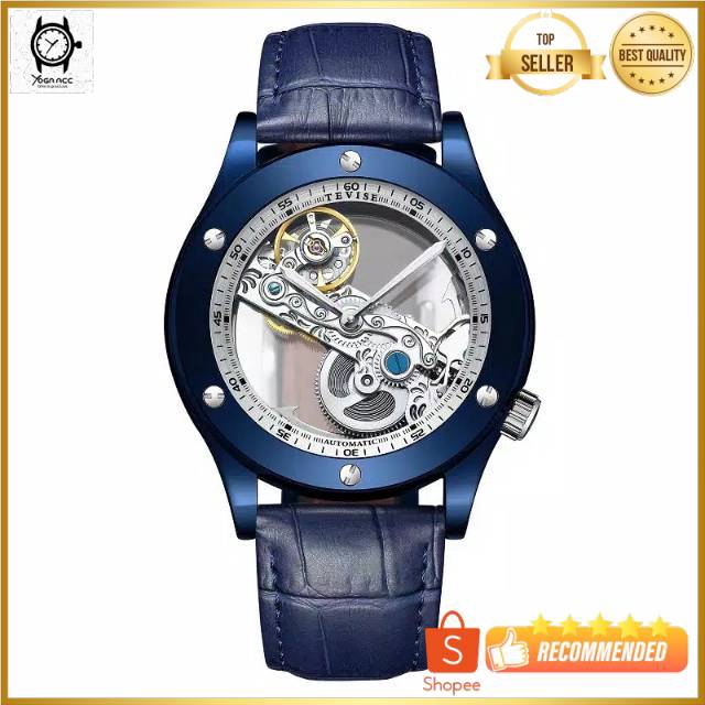 Jam Tangan Mewah Berkelas Mekanik Otomatis Biru Tourbillon Rangka Hollow Tevise
