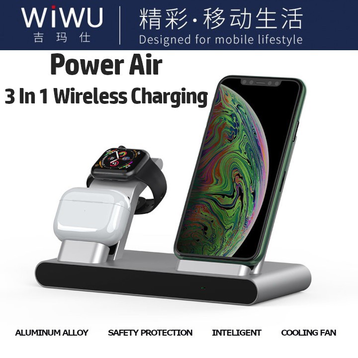 WIWU POWER AIR MF500 - 3 in 1 Smart Wireless Charger (18W MAX) for Smartphone, Smart Watch dan Wireless Earbuds Tipe Tertentu