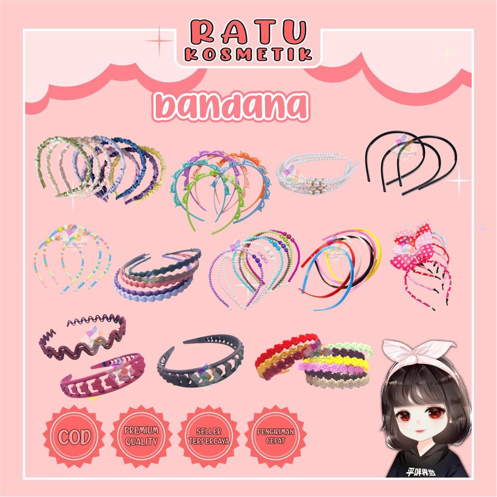 ❤ RATU ❤ Bando Mutiara Bunga | Bandana Scrunchie Kerut | Hitam Polos Wanita Korea Viral