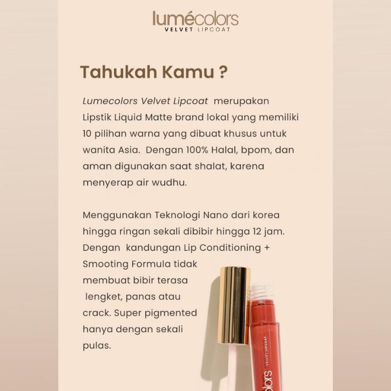 Lumecolors Velvet Lipcoat Lipstick Lipgloss Bening Tahan Lama Matte Warna Nude Red Peach