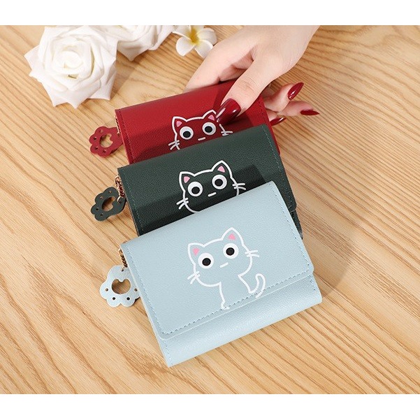 W15 Dompet Wanita Mini Happy Cat Perempuan Cewek Lucu Kantong Koin Kartu Uang Foto Cantik Women Wallet Kulit PU Leather Hitam Lipat Kecil Panjang  Sapi Korea Pria Cowok Laki Laki Cowo Import Premium Murah Tas Dompet Wanita Import Cewe Cantik Lipat