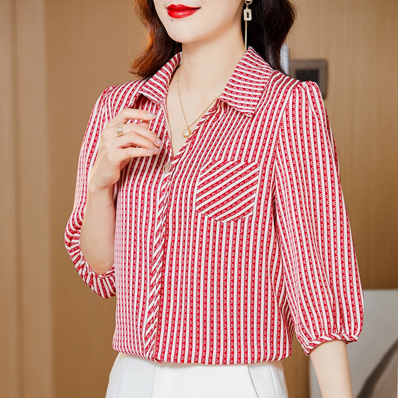 COD 2022 New Fashion Korean Style Red Black Stripes Women Blouse Summer 3/4 Sleeve Length Shirts Tops 2023t Kemeja Korean Style Wanita Kemeja Kerja Wanita