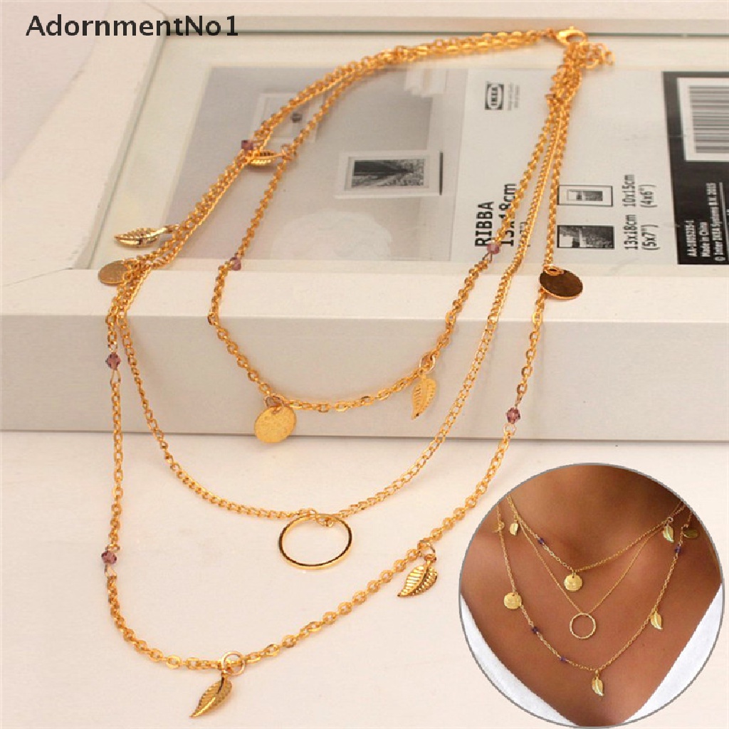 (AdornmentNo1) Kalung Rantai Multilayer Gaya Bohemian Motif Daun Aksen Kristal Untuk Perhiasan Wanita