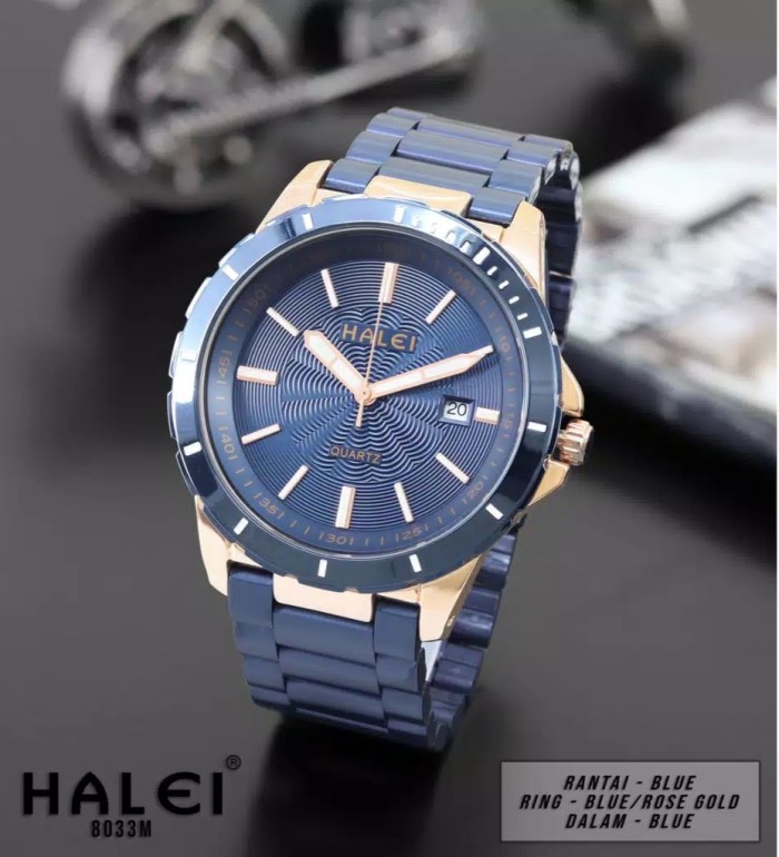 TERMURAH bisa COD Jam tangan pria original HALEI 8033 tanggal aktif - blue-rosegold