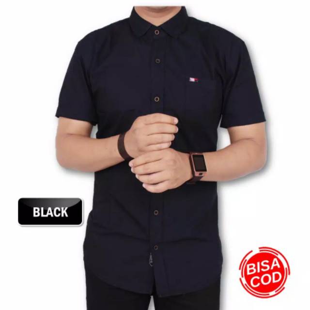 Kemeja Polos Lengan Pendek Pria Putih Merah Maron Hitam Navy Biru Dongker Kerah Shanghai Ciangi Slim