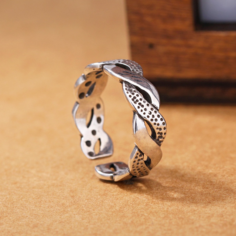 cincin perak 925 asli untuk wanita/Cincin yang Dapat Disesuaikan Jalinan gelombang twist Perhiasan Retro