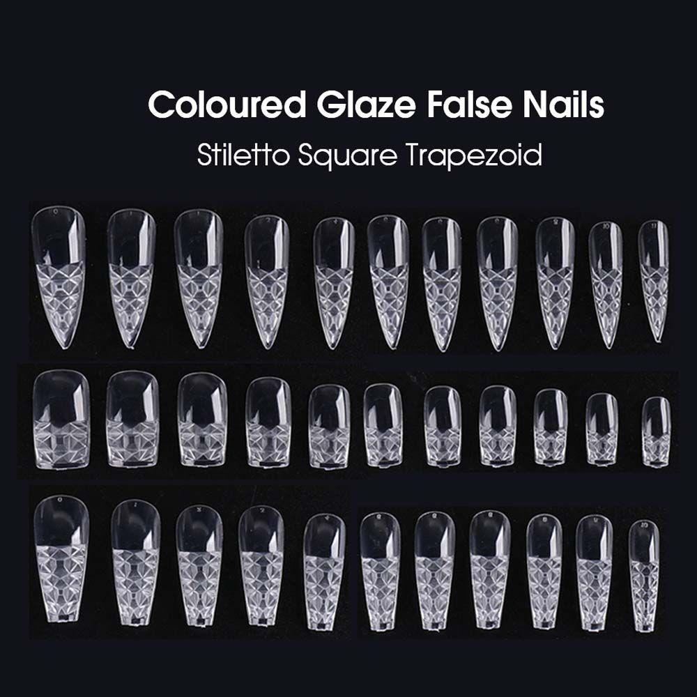 AUGUSTINA Agustinina Berwarna Glasir Kuku Palsu Transparan Reusable Nails Extension Trapesium Tekan Pada Persegi Manicure Set Kristal Tips Kuku Palsu